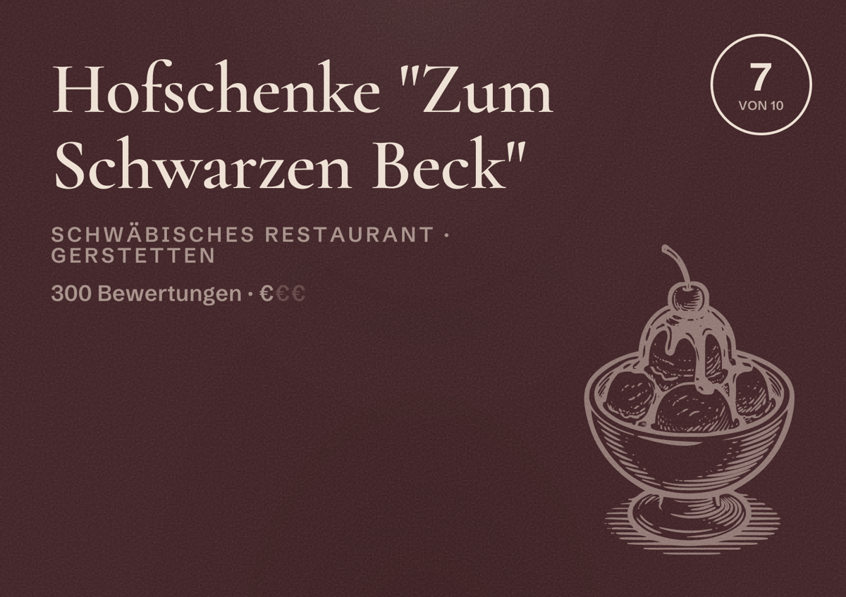 Illustriertes Poster von Hofschenke "Zum Schwarzen Beck", Schwäbisches Restaurant in Gerstetten: Bewertung 7 von 10 aus 300 Bewertungen, Preisniveau €