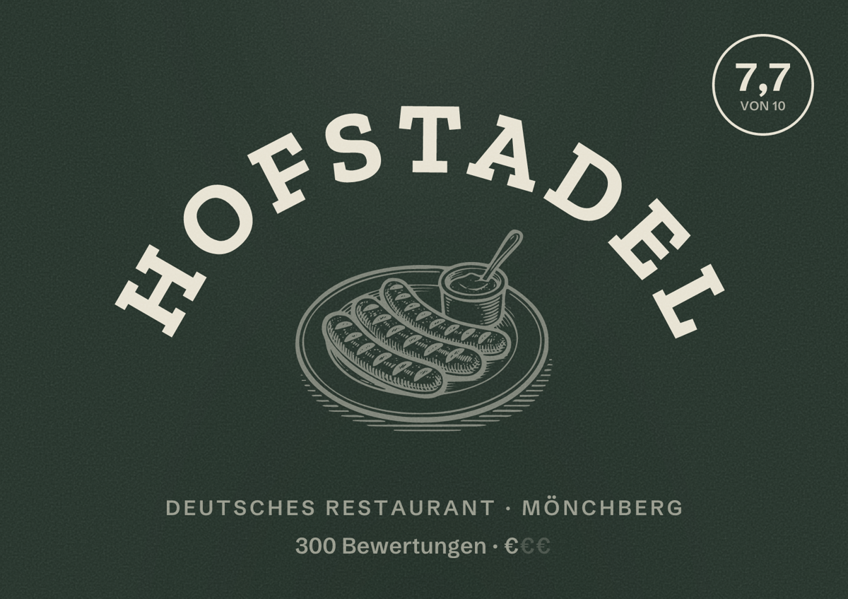 Illustriertes Poster von Hofstadel, Deutsches Restaurant in Mönchberg: Bewertung 7,7 von 10 aus 300 Bewertungen, Preisniveau €