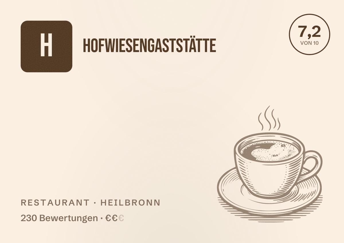 Illustriertes Poster von Hofwiesengaststätte, Restaurant in Heilbronn: Bewertung 7,2 von 10 aus 230 Bewertungen, Preisniveau €€