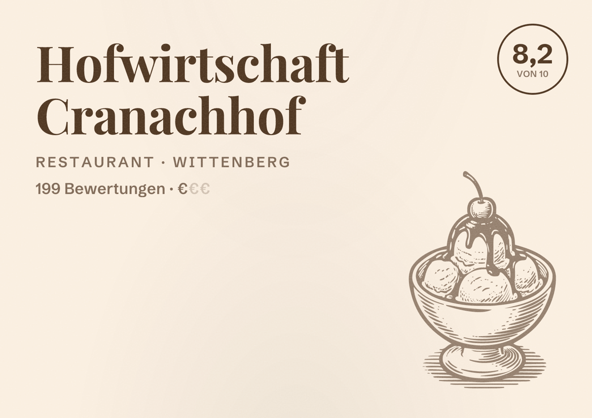 Illustriertes Poster von Hofwirtschaft Cranachhof, Restaurant in Wittenberg: Bewertung 8,2 von 10 aus 199 Bewertungen, Preisniveau €