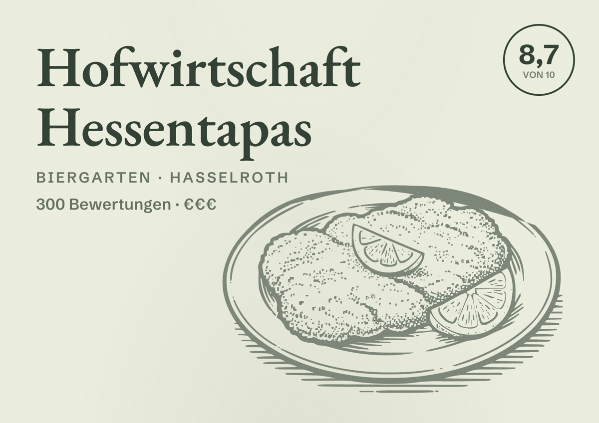 Illustriertes Poster von Hofwirtschaft Hessentapas, Biergarten in Hasselroth: Bewertung 8,7 von 10 aus 300 Bewertungen, Preisniveau €€€