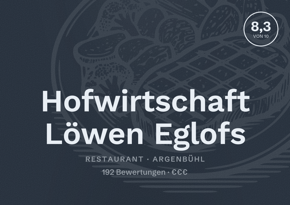 Illustriertes Poster von Hofwirtschaft Löwen Eglofs, Restaurant in Argenbühl: Bewertung 8,3 von 10 aus 192 Bewertungen, Preisniveau €€€