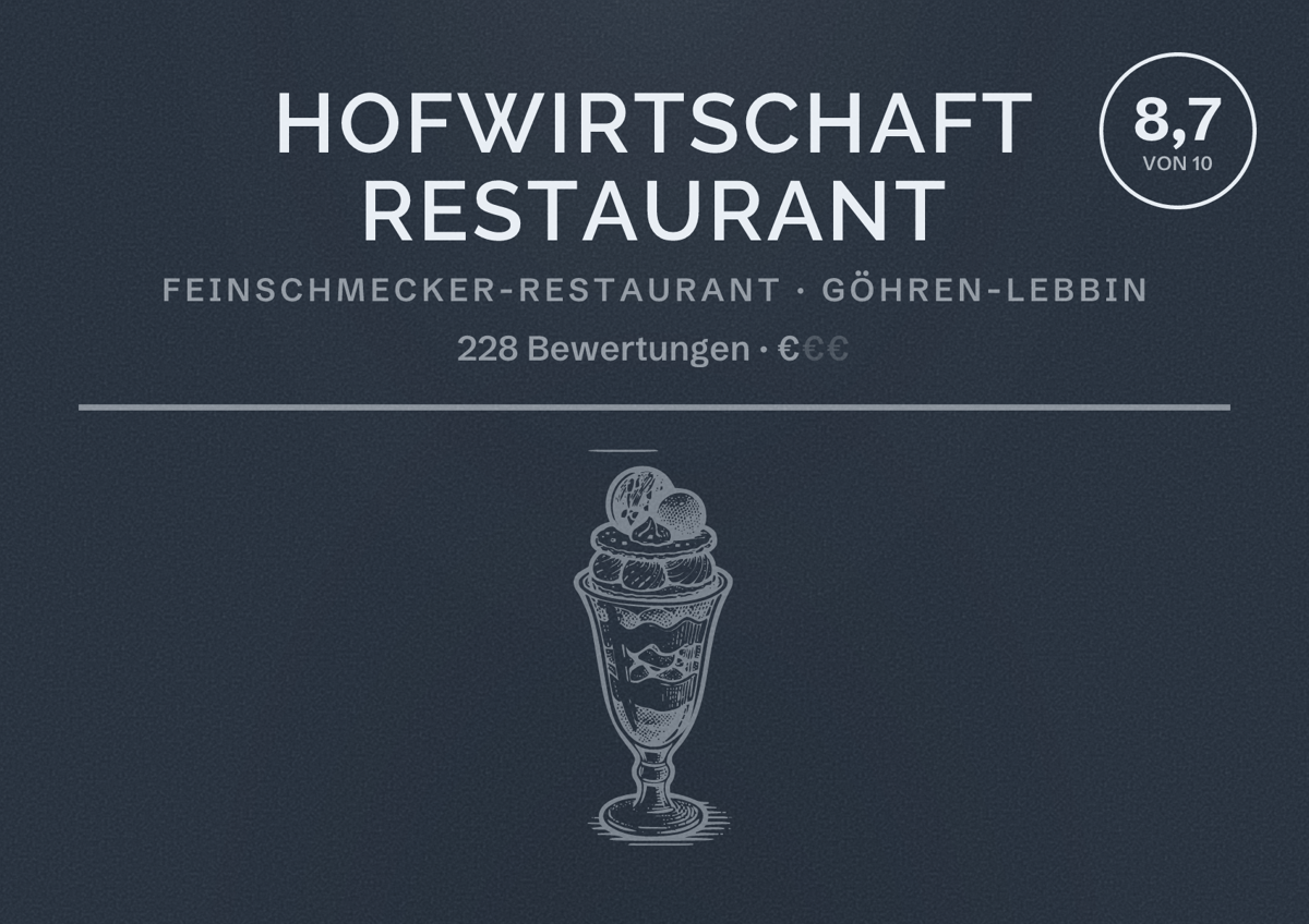 Illustriertes Poster von Hofwirtschaft Restaurant, Feinschmecker-Restaurant in Göhren-Lebbin: Bewertung 8,7 von 10 aus 228 Bewertungen, Preisniveau €