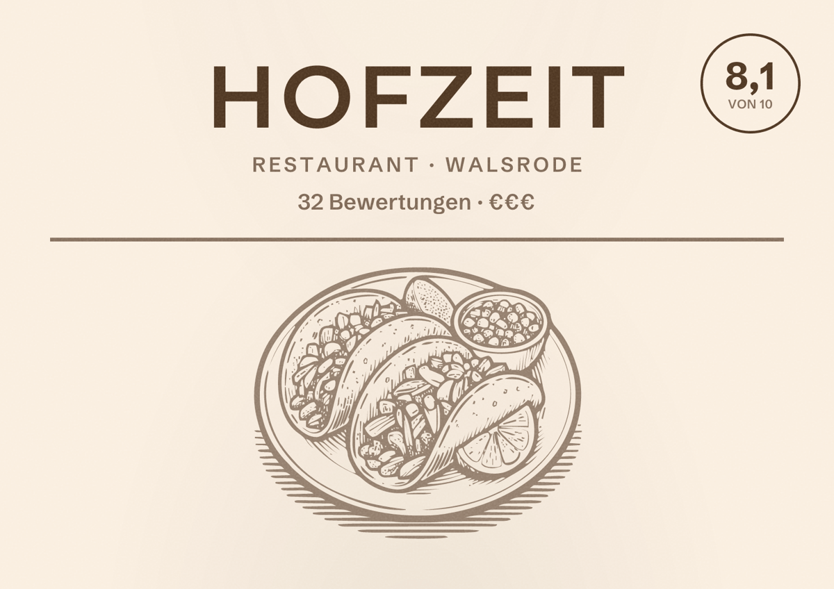 Illustriertes Poster von HofZeit, Restaurant in Walsrode: Bewertung 8,1 von 10 aus 32 Bewertungen, Preisniveau €€€
