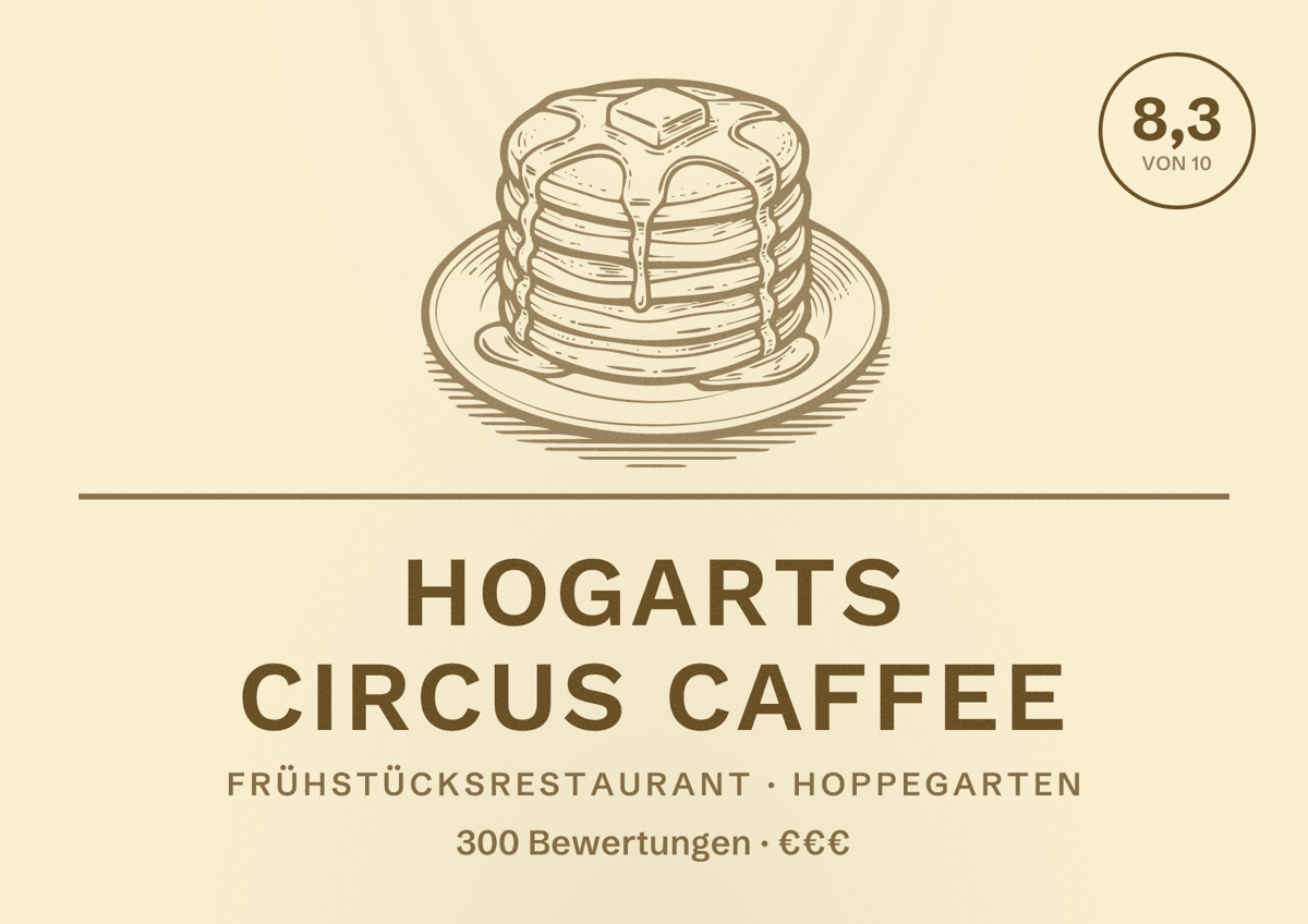 Illustriertes Poster von Hogarts Circus Caffee, Frühstücksrestaurant in Hoppegarten: Bewertung 8,3 von 10 aus 300 Bewertungen, Preisniveau €€€