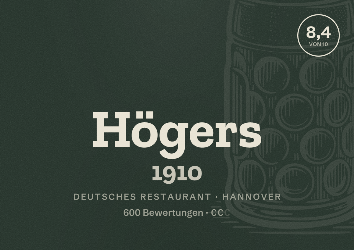 Illustriertes Poster von Högers 1910, Deutsches Restaurant in Hannover: Bewertung 8,4 von 10 aus 600 Bewertungen, Preisniveau €€