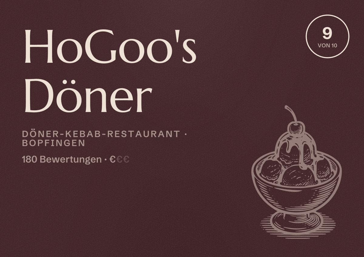 Illustriertes Poster von HoGoo's Döner, Döner-Kebab-Restaurant in Bopfingen: Bewertung 9 von 10 aus 180 Bewertungen, Preisniveau €