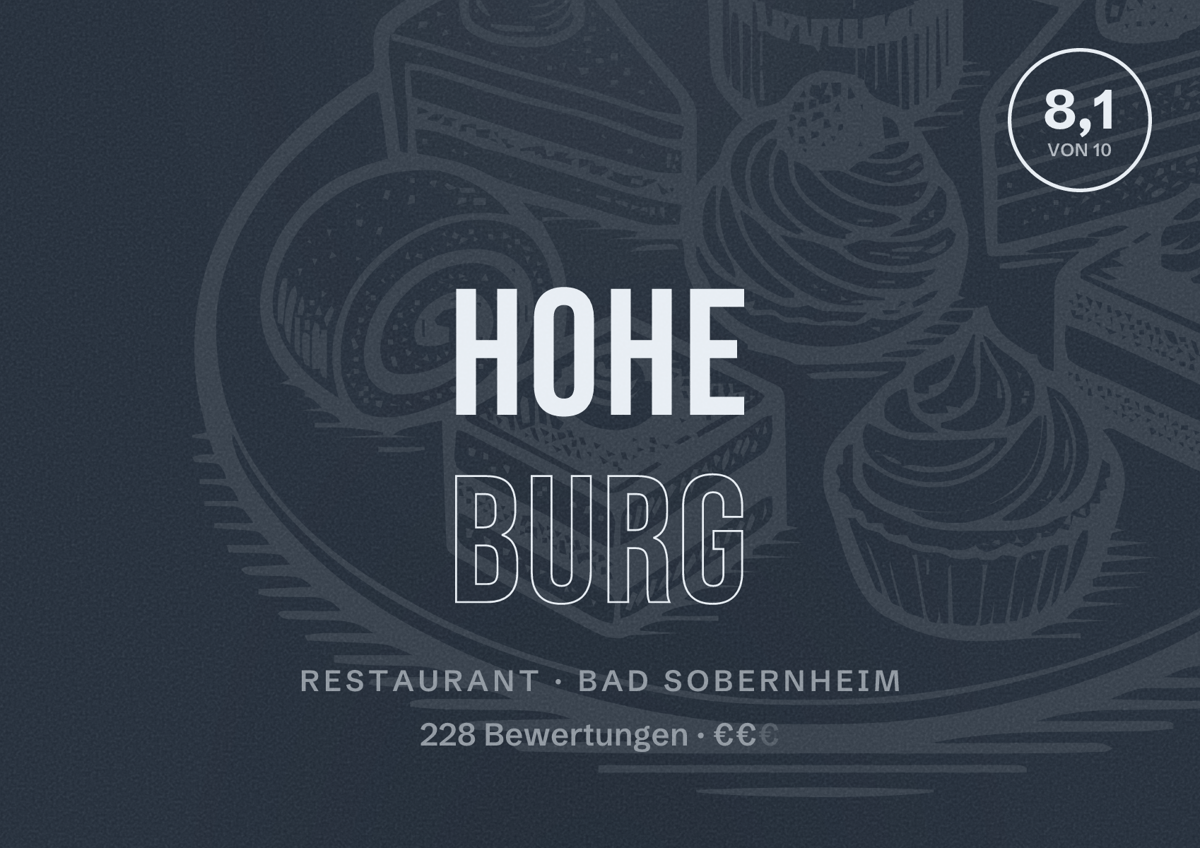 Illustriertes Poster von Hohe Burg, Restaurant in Bad Sobernheim: Bewertung 8,1 von 10 aus 228 Bewertungen, Preisniveau €€