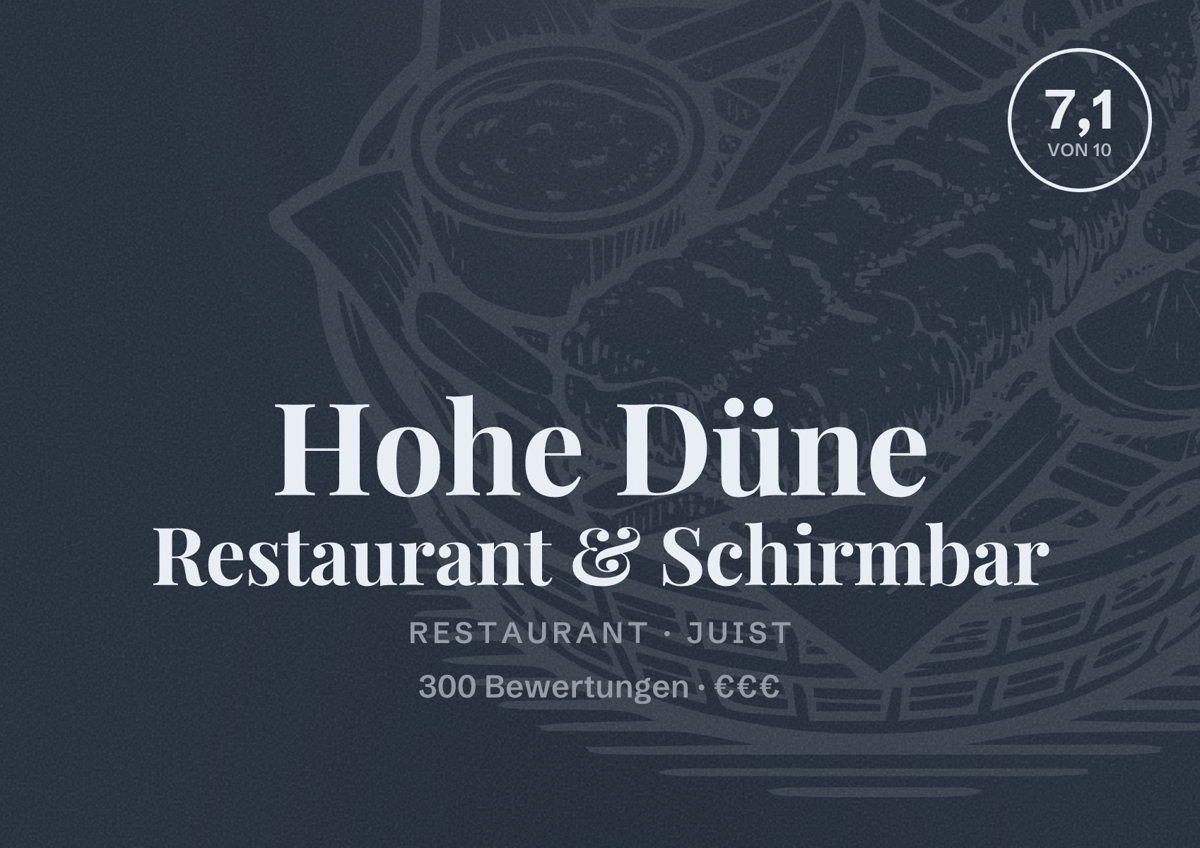 Illustriertes Poster von Hohe Düne Restaurant & Schirmbar, Restaurant in Juist: Bewertung 7,1 von 10 aus 300 Bewertungen, Preisniveau €€€