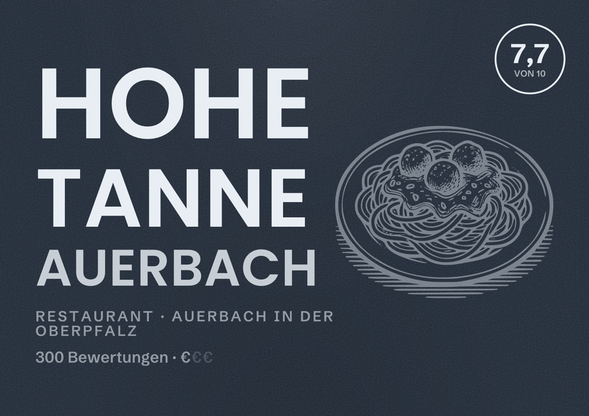 Illustriertes Poster von Hohe Tanne Auerbach, Restaurant in Auerbach in der Oberpfalz: Bewertung 7,7 von 10 aus 300 Bewertungen, Preisniveau €