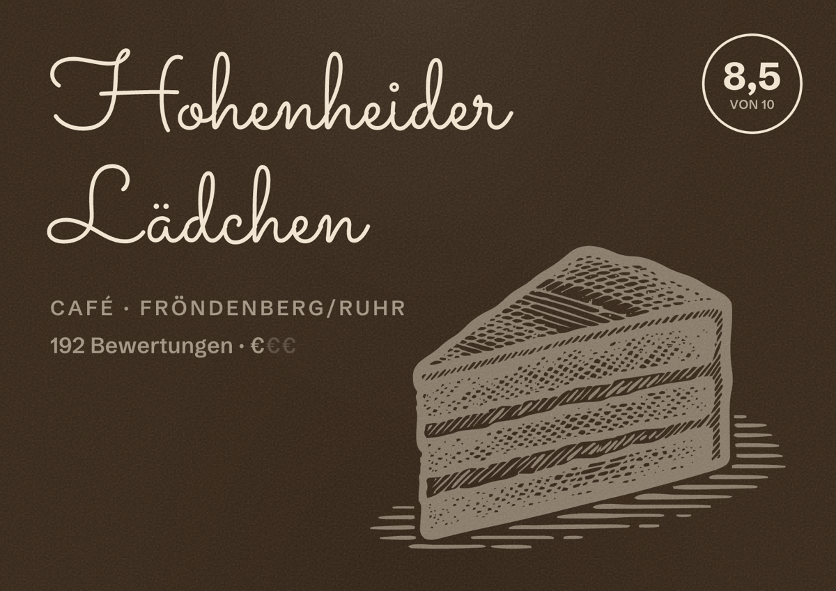Illustriertes Poster von Hohenheider Lädchen, Café in Fröndenberg/Ruhr: Bewertung 8,5 von 10 aus 192 Bewertungen, Preisniveau €