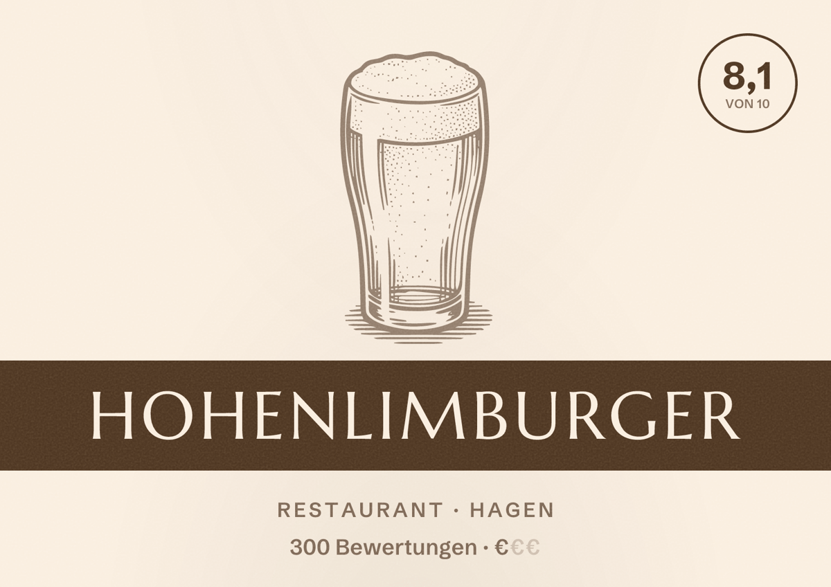 Illustriertes Poster von HohenlimBurger, Restaurant in Hagen: Bewertung 8,1 von 10 aus 300 Bewertungen, Preisniveau €