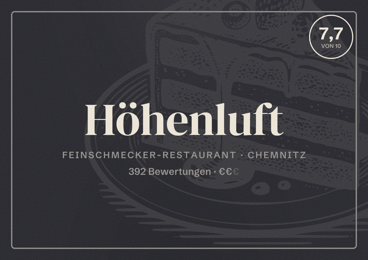 Illustriertes Poster von Höhenluft, Feinschmecker-Restaurant in Chemnitz: Bewertung 7,7 von 10 aus 392 Bewertungen, Preisniveau €€
