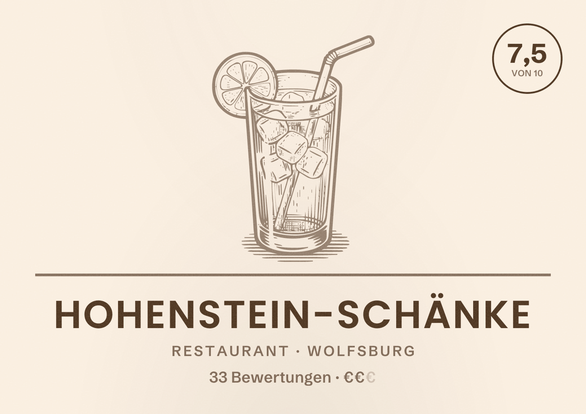 Illustriertes Poster von Hohenstein-Schänke, Restaurant in Wolfsburg: Bewertung 7,5 von 10 aus 33 Bewertungen, Preisniveau €€