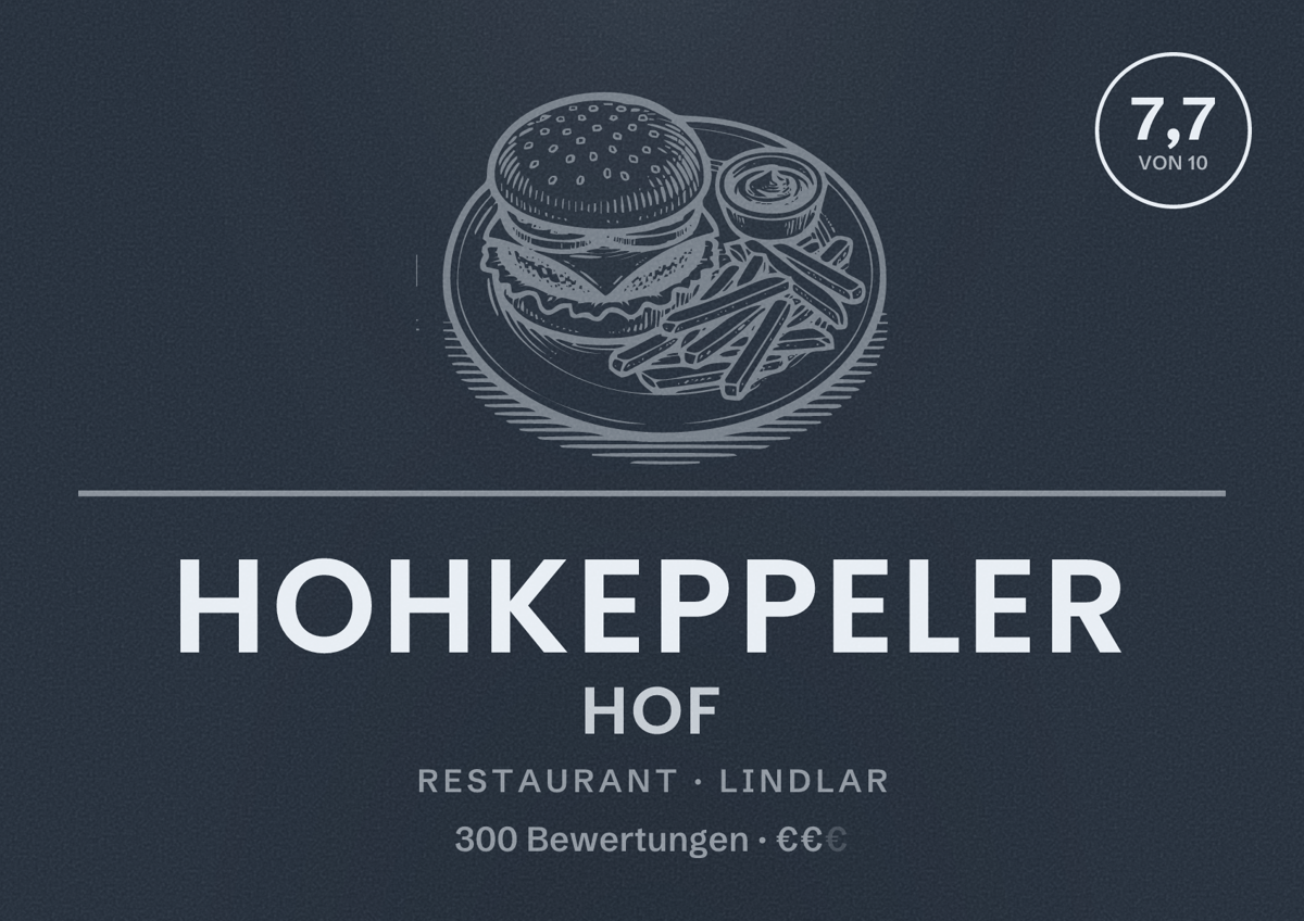 Illustriertes Poster von Hohkeppeler Hof, Restaurant in Lindlar: Bewertung 7,7 von 10 aus 300 Bewertungen, Preisniveau €€