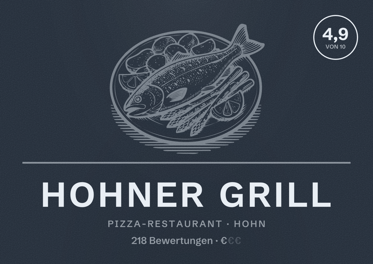 Illustriertes Poster von Hohner Grill, Pizza-Restaurant in Hohn: Bewertung 4,9 von 10 aus 218 Bewertungen, Preisniveau €