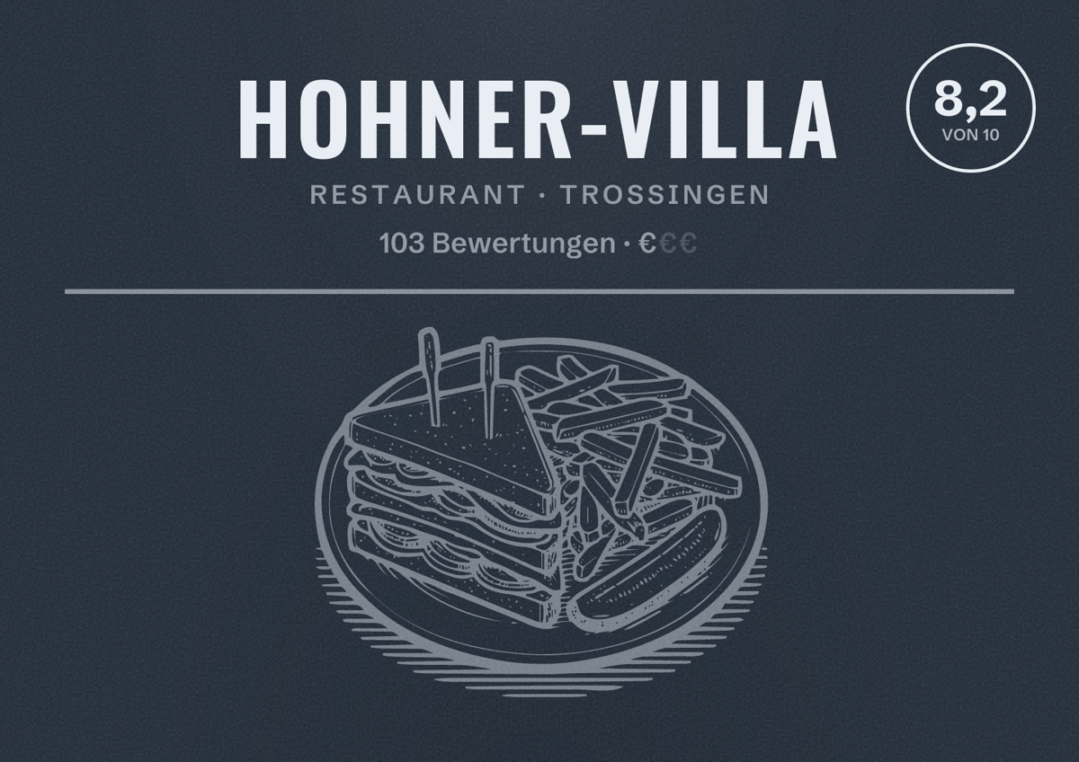 Illustriertes Poster von Hohner-Villa, Restaurant in Trossingen: Bewertung 8,2 von 10 aus 103 Bewertungen, Preisniveau €