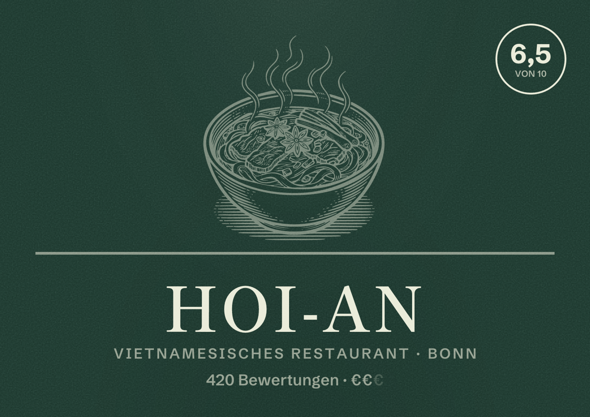 Illustriertes Poster von Hoi-An, Vietnamesisches Restaurant in Bonn: Bewertung 6,5 von 10 aus 420 Bewertungen, Preisniveau €€