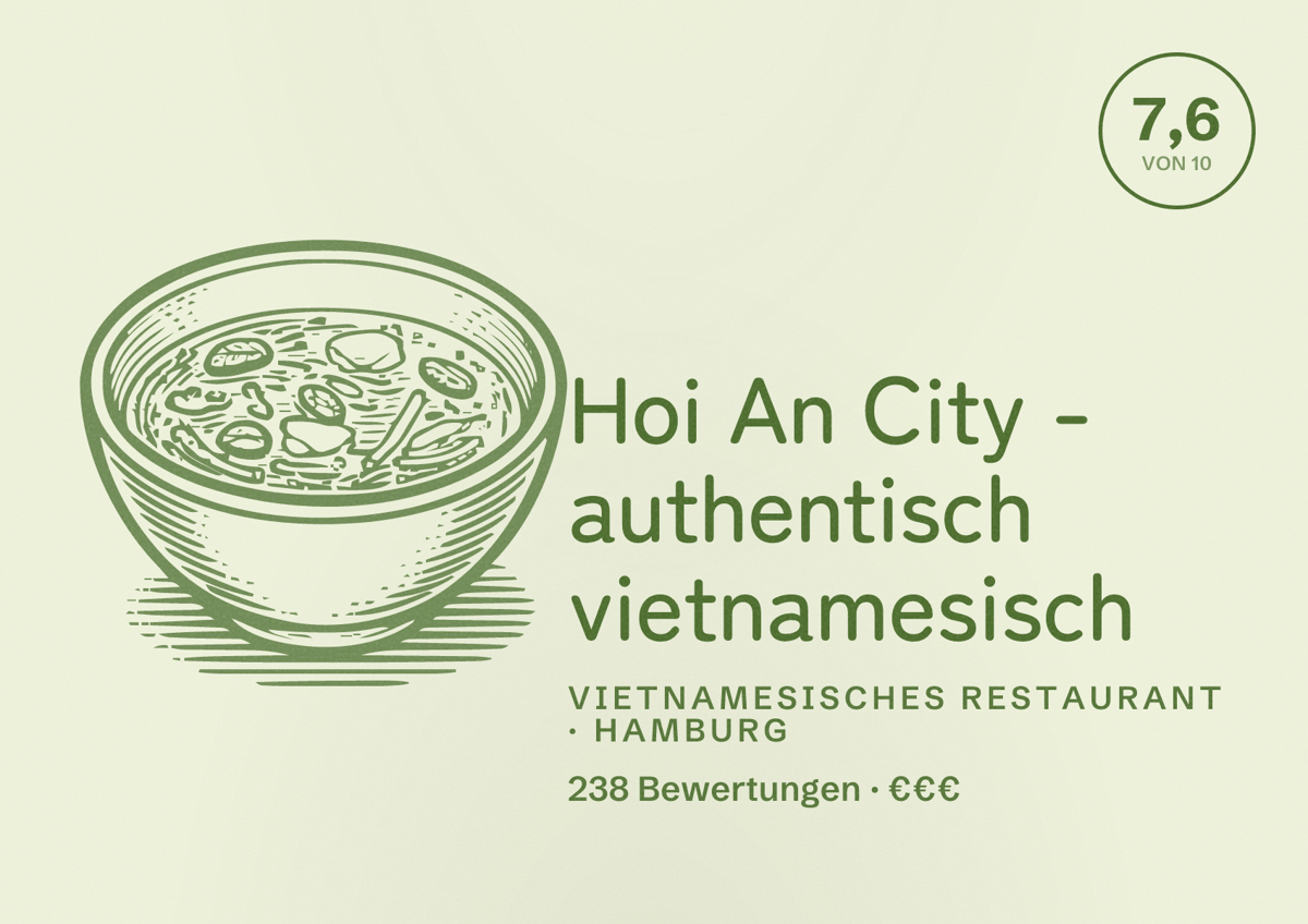 Illustriertes Poster von Hoi An City - authentisch vietnamesisch, Vietnamesisches Restaurant in Hamburg: Bewertung 7,6 von 10 aus 238 Bewertungen, Preisniveau €€€