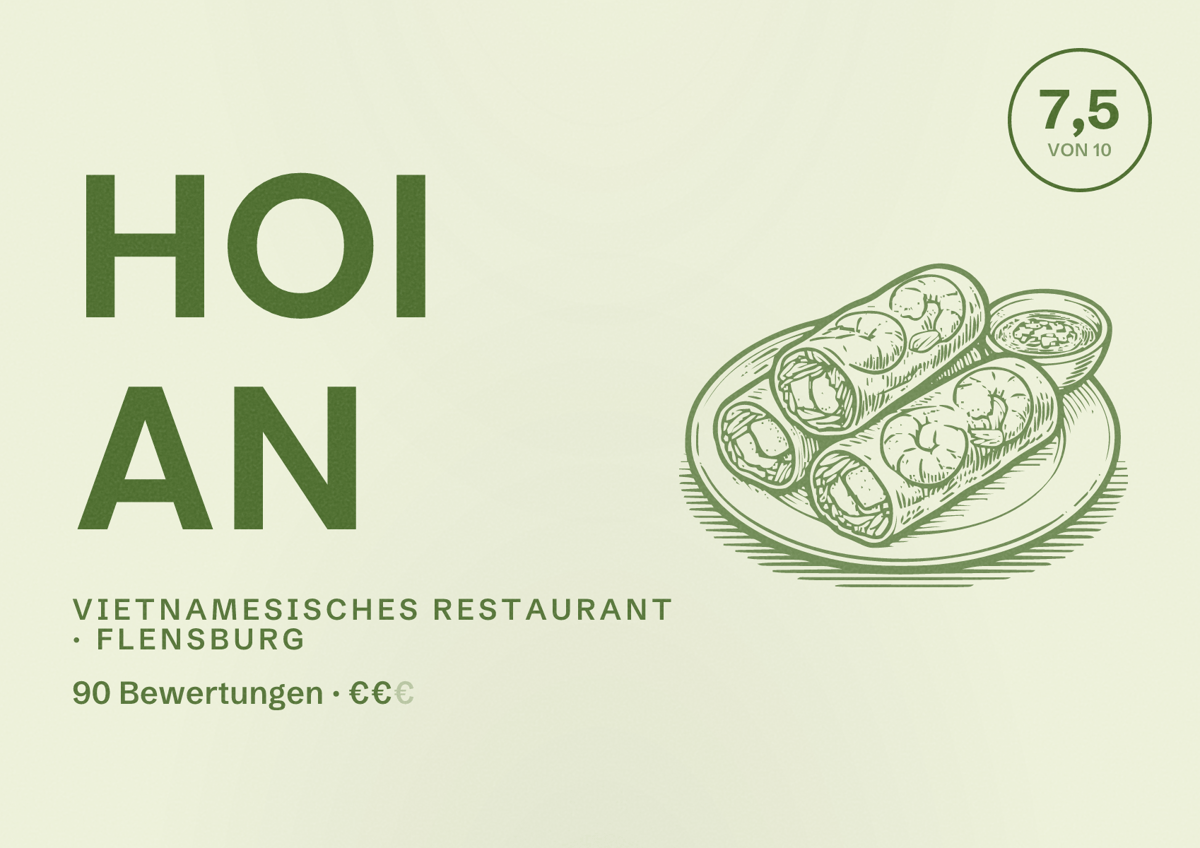 Illustriertes Poster von Hoi An, Vietnamesisches Restaurant in Flensburg: Bewertung 7,5 von 10 aus 90 Bewertungen, Preisniveau €€