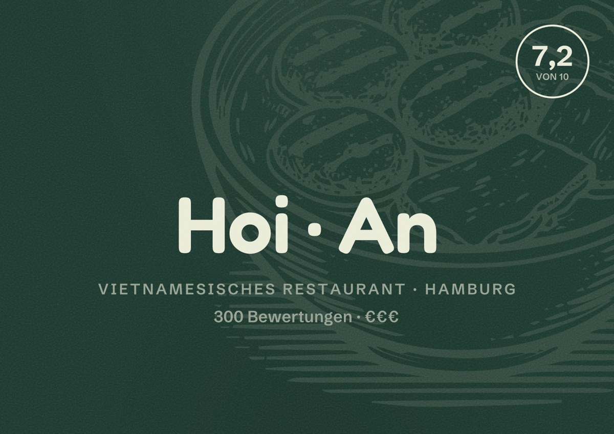 Illustriertes Poster von Hoi An, Vietnamesisches Restaurant in Hamburg: Bewertung 7,2 von 10 aus 300 Bewertungen, Preisniveau €€€