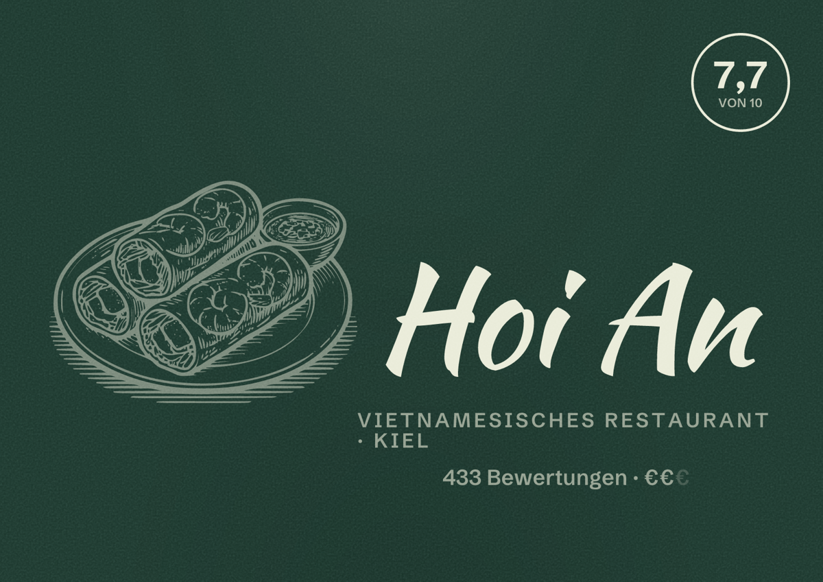 Illustriertes Poster von Hoi An, Vietnamesisches Restaurant in Kiel: Bewertung 7,7 von 10 aus 433 Bewertungen, Preisniveau €€