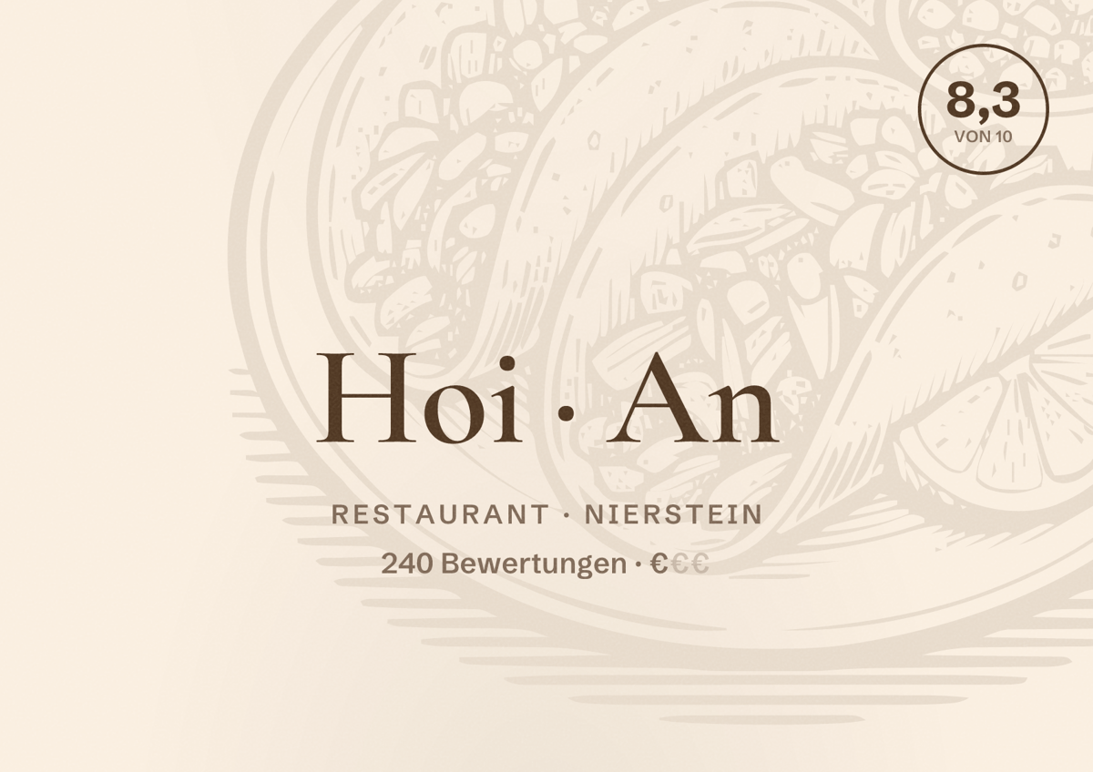 Illustriertes Poster von Hoi An, Restaurant in Nierstein: Bewertung 8,3 von 10 aus 240 Bewertungen, Preisniveau €