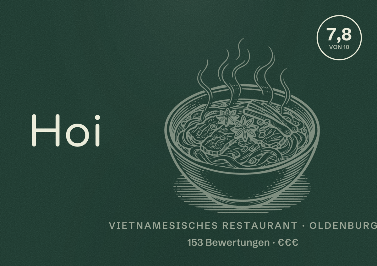 Illustriertes Poster von Hoi An, Vietnamesisches Restaurant in Oldenburg: Bewertung 7,8 von 10 aus 153 Bewertungen, Preisniveau €€€
