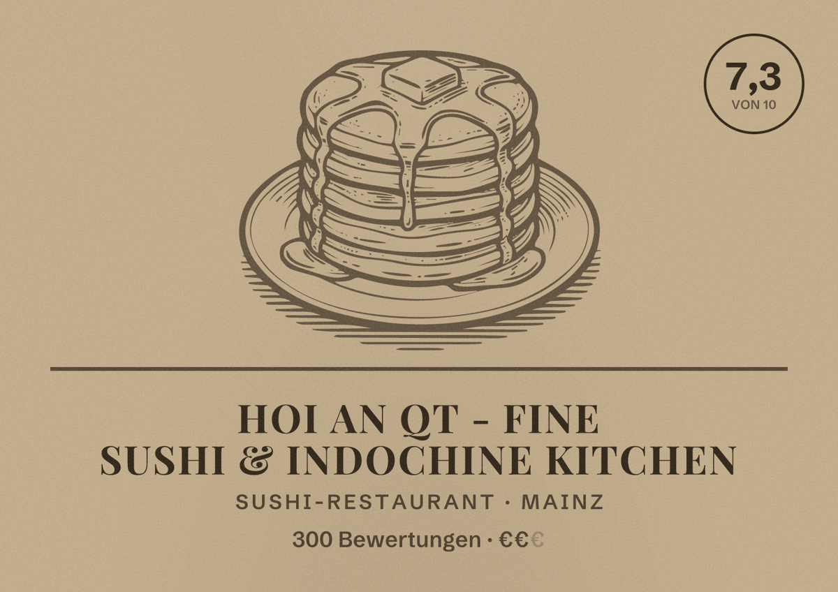 Illustriertes Poster von Hoi An QT - Fine Sushi & Indochine Kitchen, Sushi-Restaurant in Mainz: Bewertung 7,3 von 10 aus 300 Bewertungen, Preisniveau €€