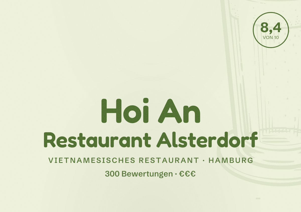 Illustriertes Poster von Hoi An Restaurant Alsterdorf, Vietnamesisches Restaurant in Hamburg: Bewertung 8,4 von 10 aus 300 Bewertungen, Preisniveau €€€