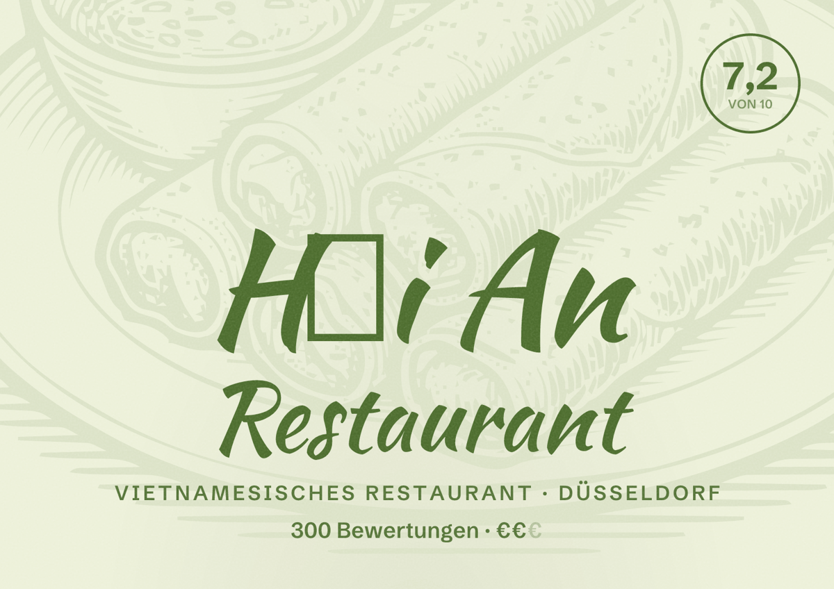 Illustriertes Poster von Hội An Restaurant, Vietnamesisches Restaurant in Düsseldorf: Bewertung 7,2 von 10 aus 300 Bewertungen, Preisniveau €€