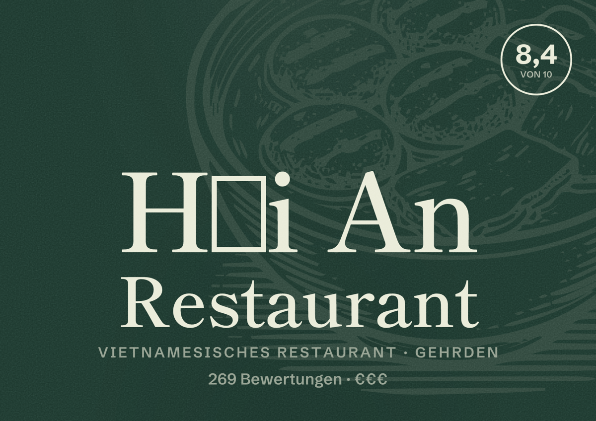 Illustriertes Poster von Hội An Restaurant, Vietnamesisches Restaurant in Gehrden: Bewertung 8,4 von 10 aus 269 Bewertungen, Preisniveau €€€