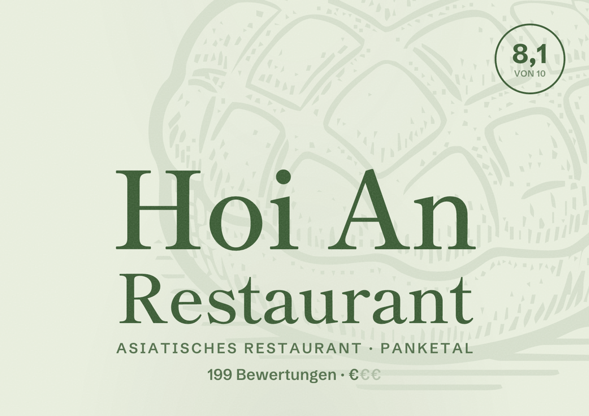 Illustriertes Poster von Hoi An Restaurant, Asiatisches Restaurant in Panketal: Bewertung 8,1 von 10 aus 199 Bewertungen, Preisniveau €