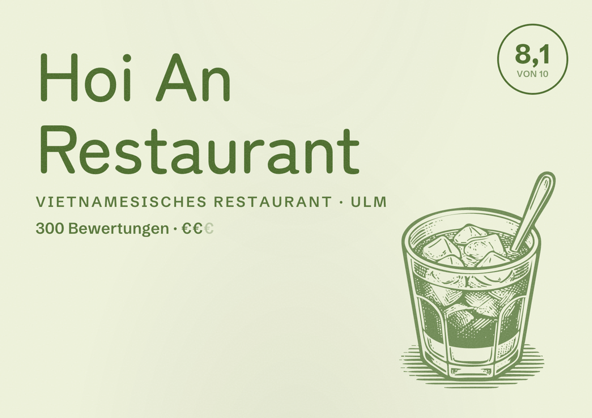 Illustriertes Poster von Hoi An Restaurant, Vietnamesisches Restaurant in Ulm: Bewertung 8,1 von 10 aus 300 Bewertungen, Preisniveau €€