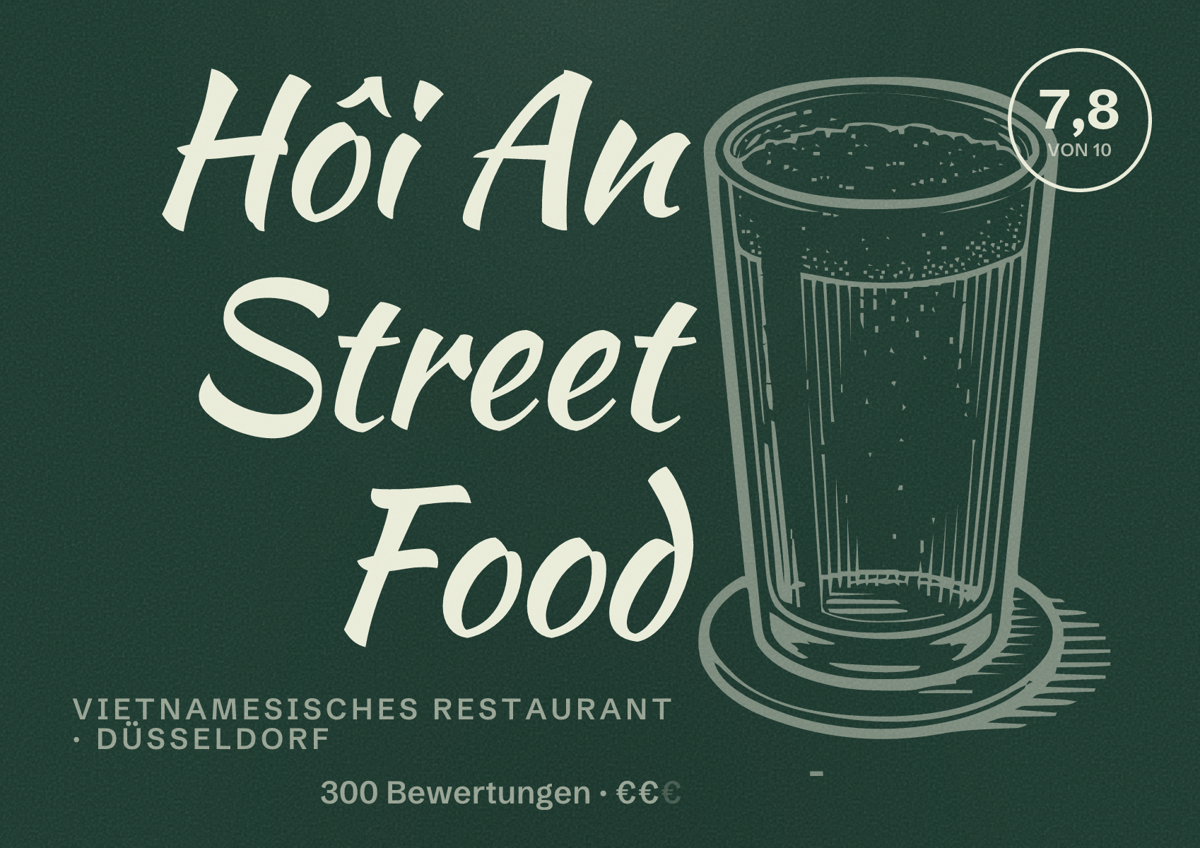 Illustriertes Poster von Hôi An Street Food, Vietnamesisches Restaurant in Düsseldorf: Bewertung 7,8 von 10 aus 300 Bewertungen, Preisniveau €€