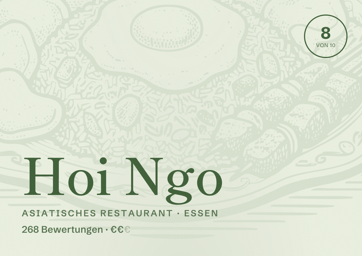 Illustriertes Poster von Hoi Ngo, Asiatisches Restaurant in Essen: Bewertung 8 von 10 aus 268 Bewertungen, Preisniveau €€