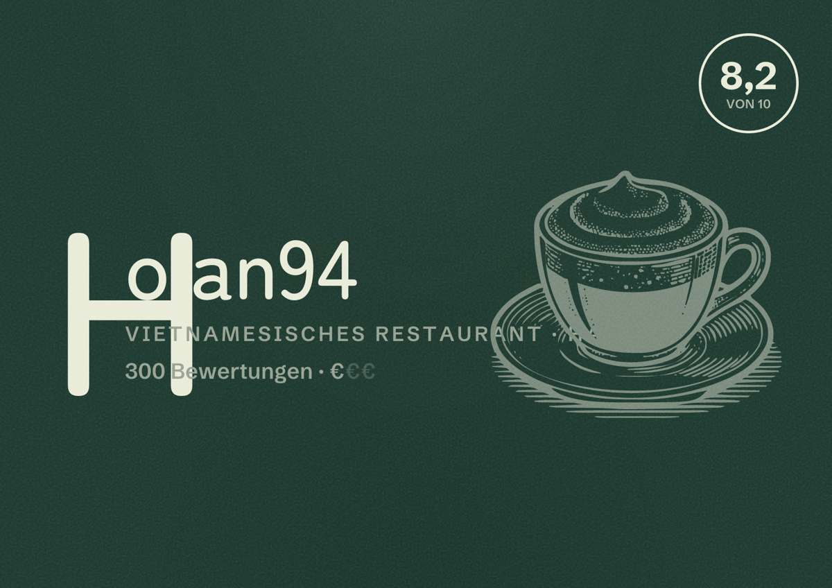 Illustriertes Poster von Hoian94, Vietnamesisches Restaurant in Hanau: Bewertung 8,2 von 10 aus 300 Bewertungen, Preisniveau €