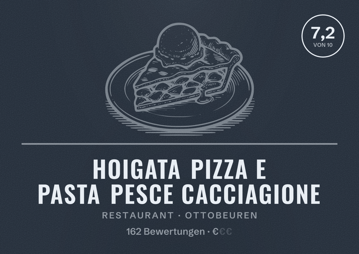 Illustriertes Poster von Hoigata Pizza e Pasta Pesce Cacciagione, Restaurant in Ottobeuren: Bewertung 7,2 von 10 aus 162 Bewertungen, Preisniveau €