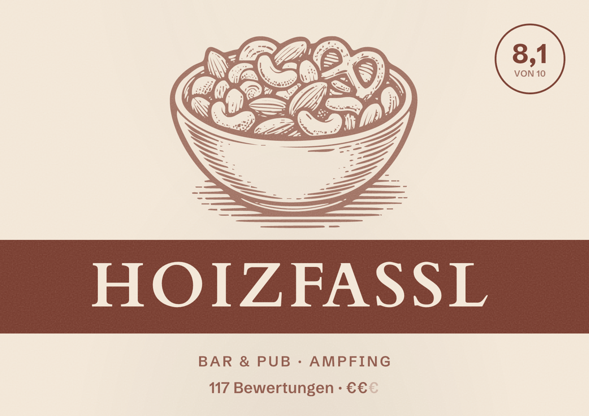Illustriertes Poster von Hoizfassl, Bar & Pub in Ampfing: Bewertung 8,1 von 10 aus 117 Bewertungen, Preisniveau €€