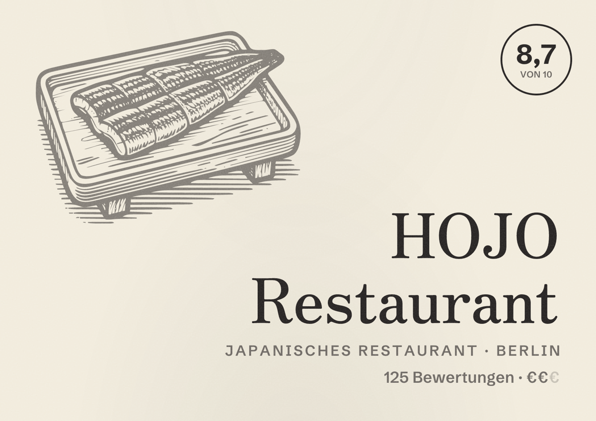 Illustriertes Poster von HOJO Restaurant, Japanisches Restaurant in Berlin: Bewertung 8,7 von 10 aus 125 Bewertungen, Preisniveau €€