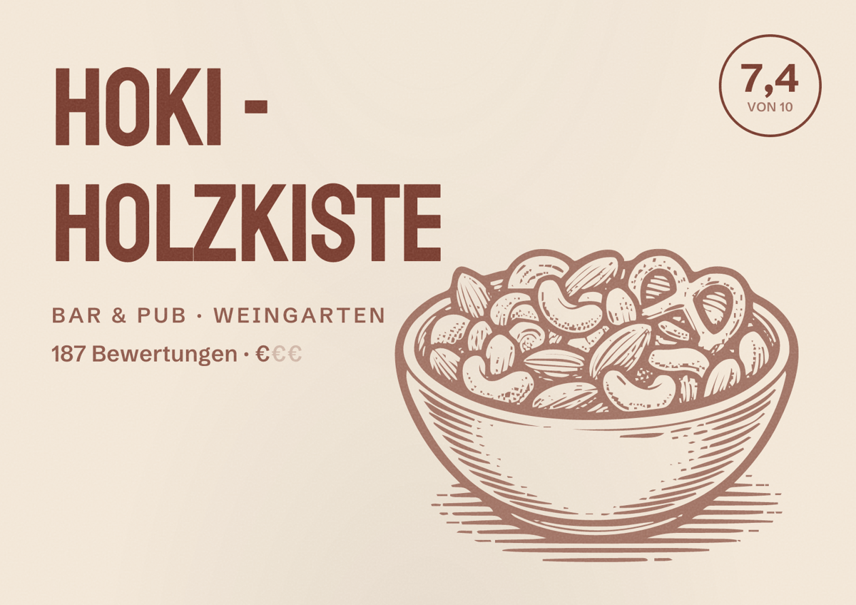 Illustriertes Poster von HoKi - Holzkiste, Bar & Pub in Weingarten: Bewertung 7,4 von 10 aus 187 Bewertungen, Preisniveau €
