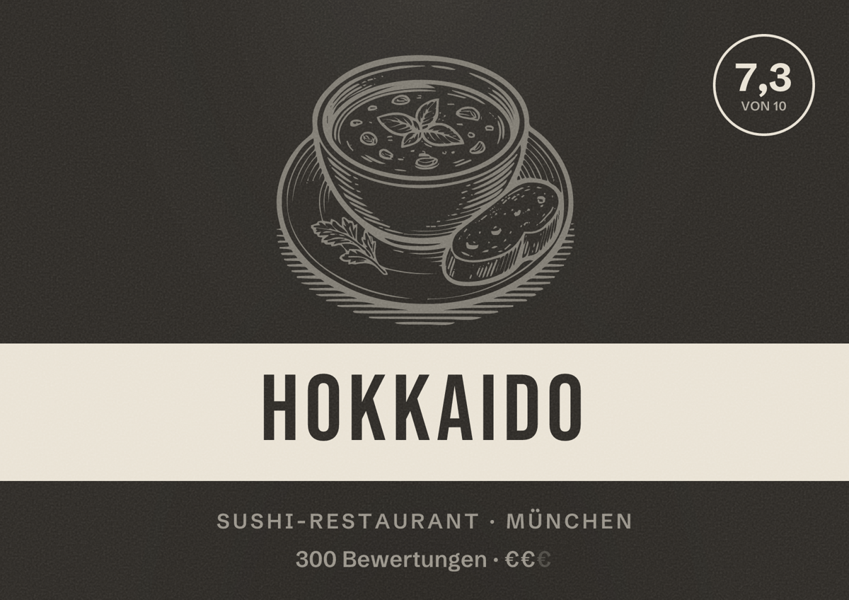 Illustriertes Poster von Hokkaido, Sushi-Restaurant in München: Bewertung 7,3 von 10 aus 300 Bewertungen, Preisniveau €€