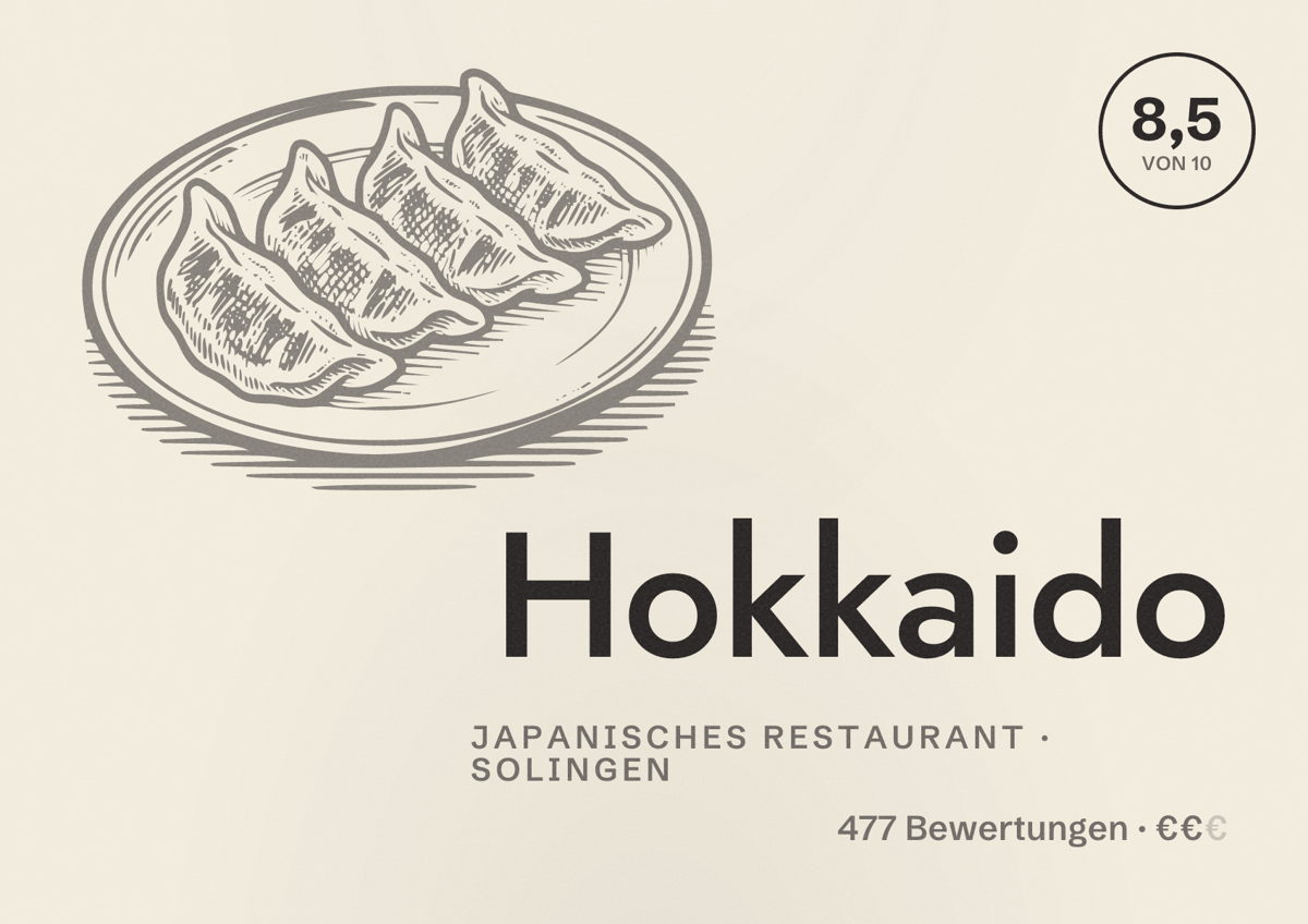 Illustriertes Poster von Hokkaido, Japanisches Restaurant in Solingen: Gästebewertung 8,5 von 10 aus 477 Bewertungen