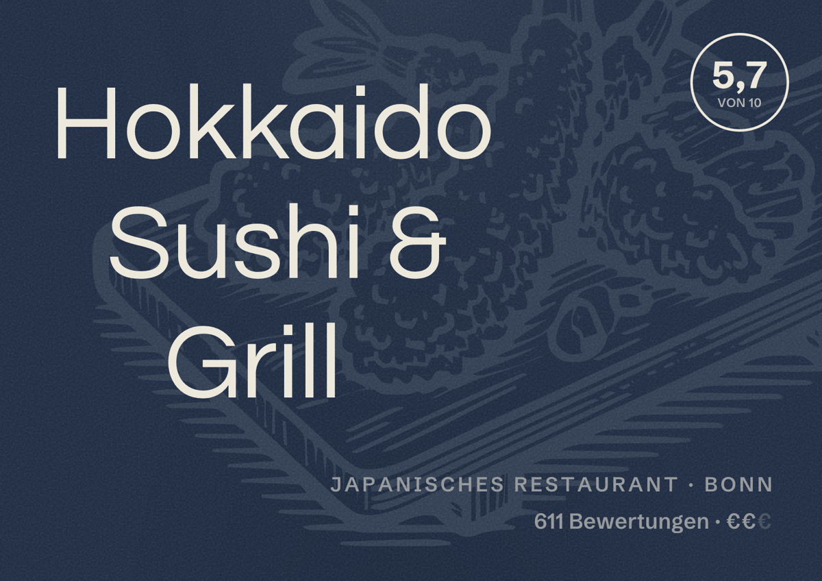 Illustriertes Poster von Hokkaido Sushi & Grill, Japanisches Restaurant in Bonn: Bewertung 5,7 von 10 aus 611 Bewertungen, Preisniveau €€
