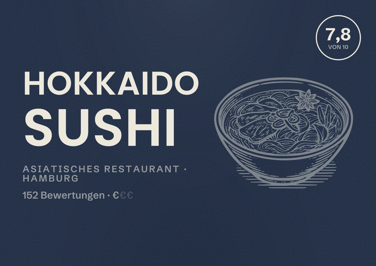 Illustriertes Poster von Hokkaido Sushi, Asiatisches Restaurant in Hamburg: Bewertung 7,8 von 10 aus 152 Bewertungen, Preisniveau €