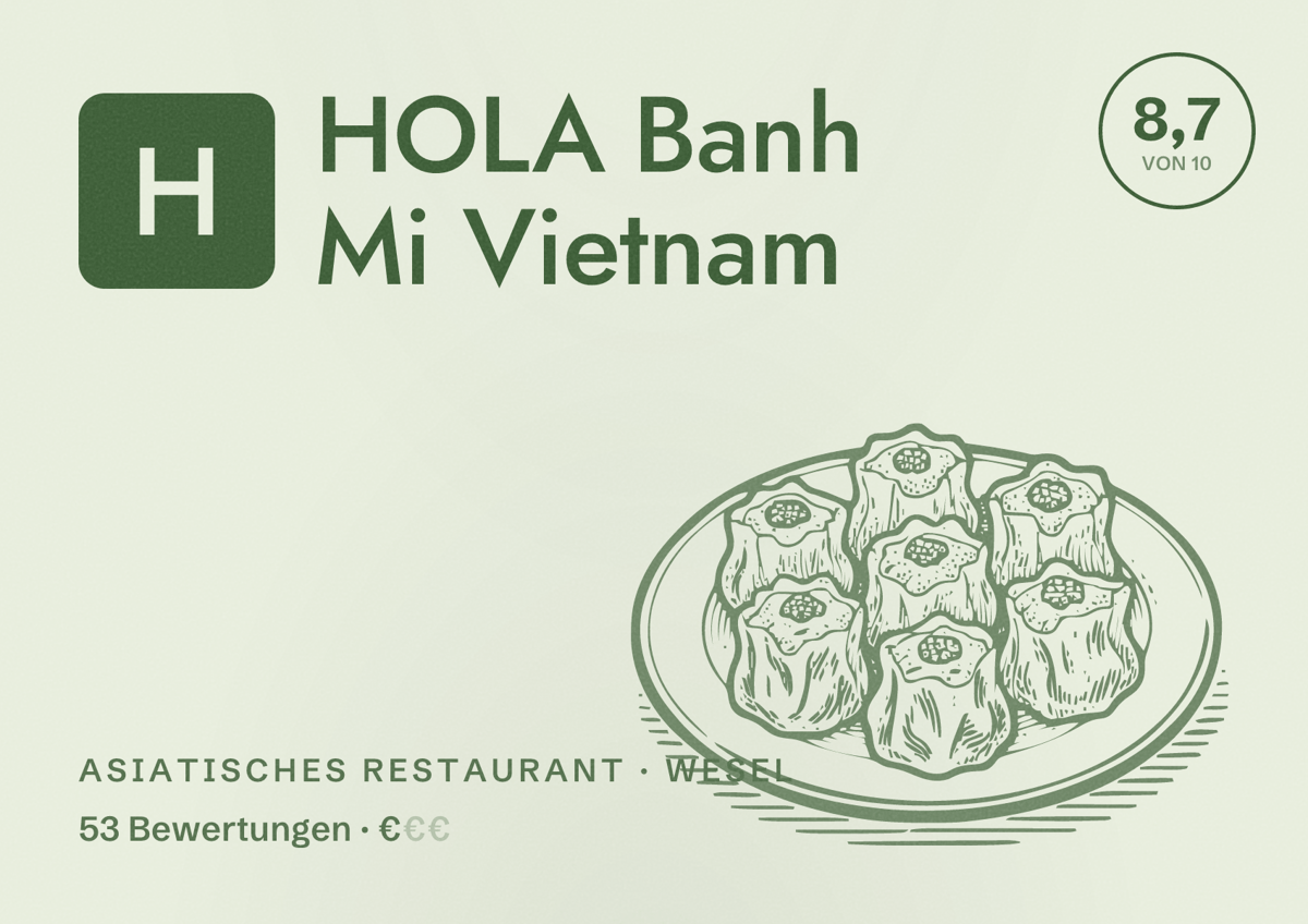 Illustriertes Poster von HOLA Banh Mi Vietnam, Asiatisches Restaurant in Wesel: Bewertung 8,7 von 10 aus 53 Bewertungen, Preisniveau €