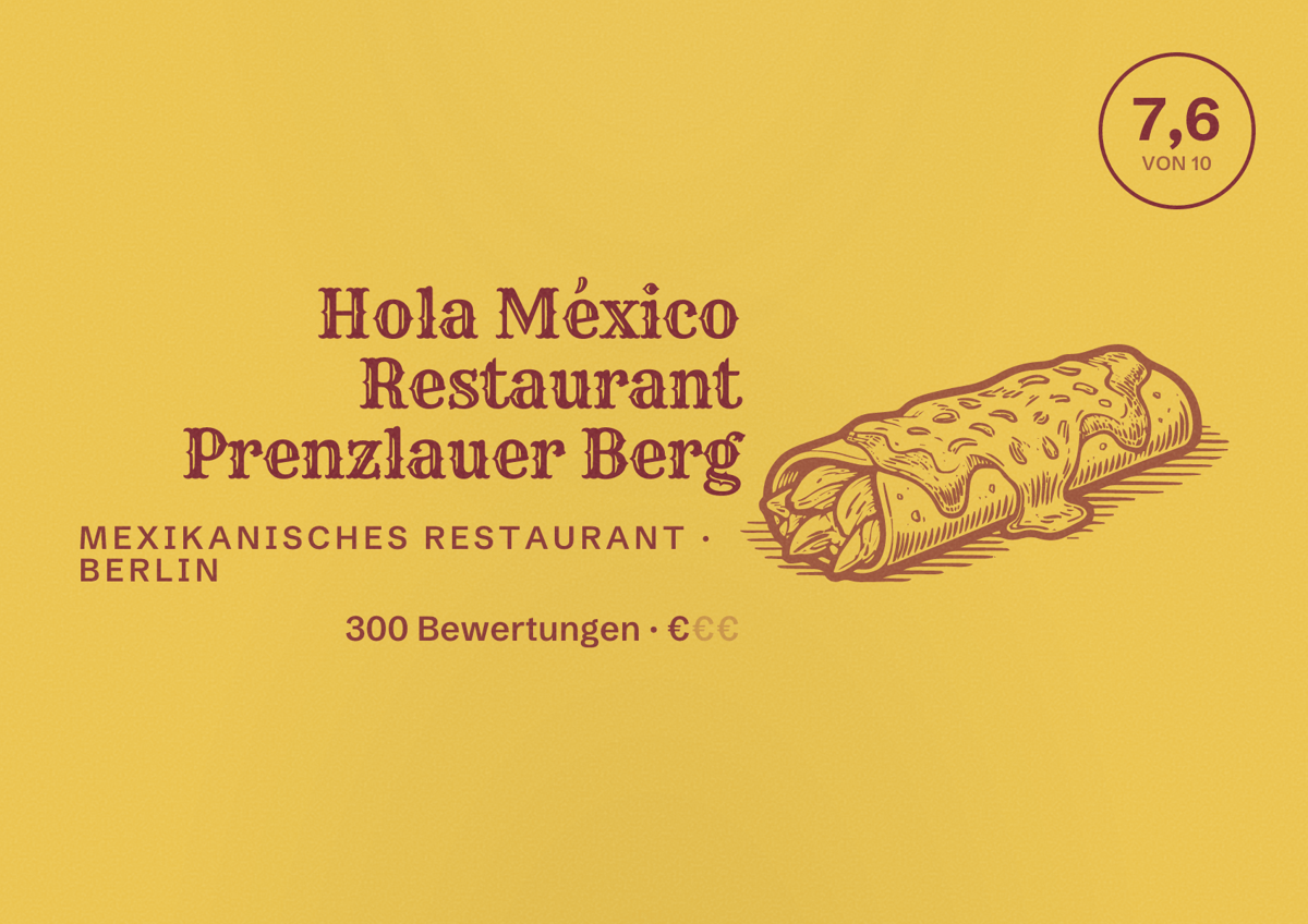 Illustriertes Poster von Hola México Restaurant Prenzlauer Berg, Mexikanisches Restaurant in Berlin: Bewertung 7,6 von 10 aus 300 Bewertungen, Preisniveau €