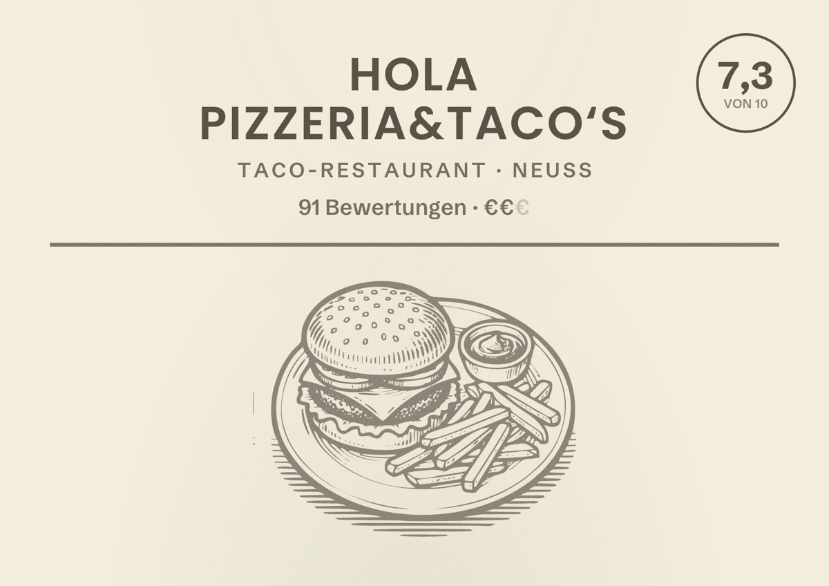 Illustriertes Poster von Hola Pizzeria&Taco‘s, Taco-Restaurant in Neuss: Bewertung 7,3 von 10 aus 91 Bewertungen, Preisniveau €€