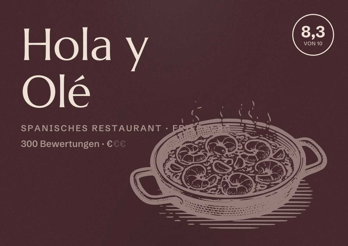 Illustriertes Poster von Hola y Olé, Spanisches Restaurant in Friedberg: Bewertung 8,3 von 10 aus 300 Bewertungen, Preisniveau €