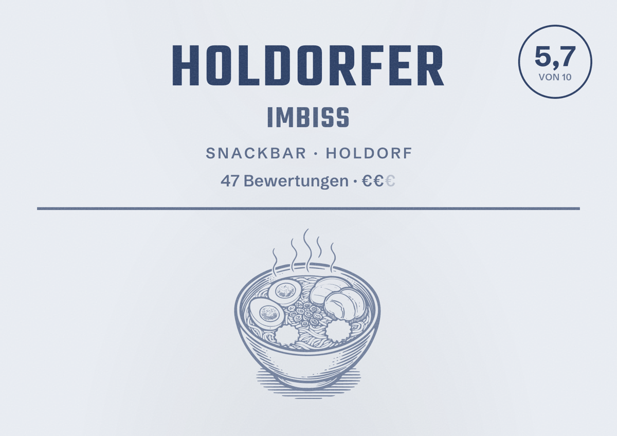Illustriertes Poster von Holdorfer Imbiss, Snackbar in Holdorf: Bewertung 5,7 von 10 aus 47 Bewertungen, Preisniveau €€